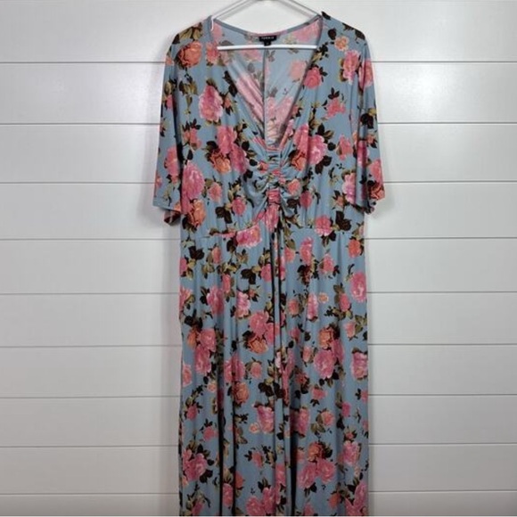 Torrid Floral Print Midi Studio Knit Ruched Dress Blue sz 3 - Picture 4 of 7